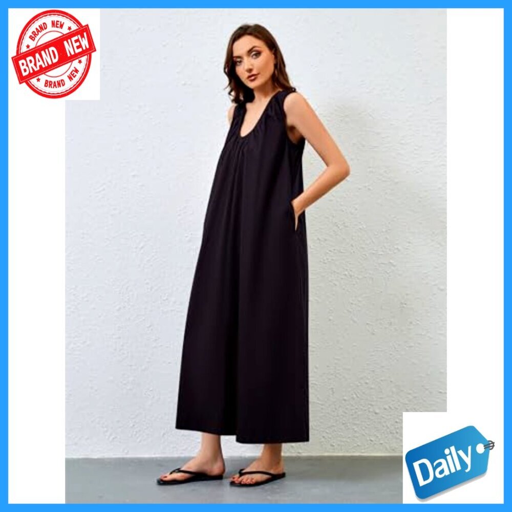 Cotton Maxi Dress with Scoop Neck Ruched Details Side Pockets - Picture 3 of 5
